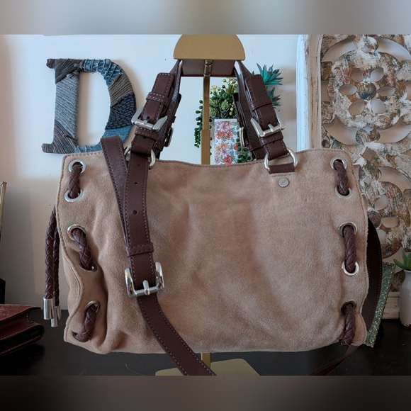 Michael Kors Tan Suede & Braided Leather Satchel Bag - Boho Chic